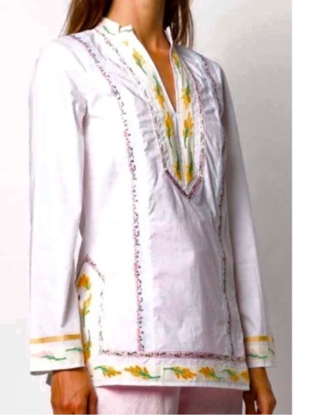 Tory Burch size 2 Embroidered White Boho Tunic with Yellow Floral Accents